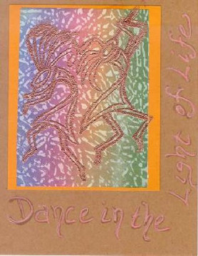 Dancing Kokipelli's embossed on a wax paper resist background paper.