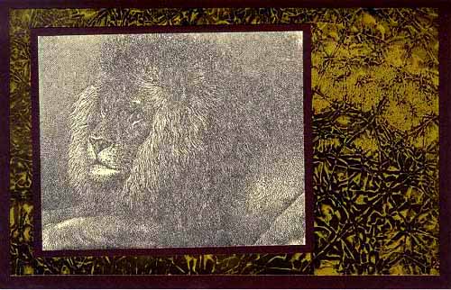 A card featruring a majestic lion and waxed paper resist background perfect for a man for any occassion.