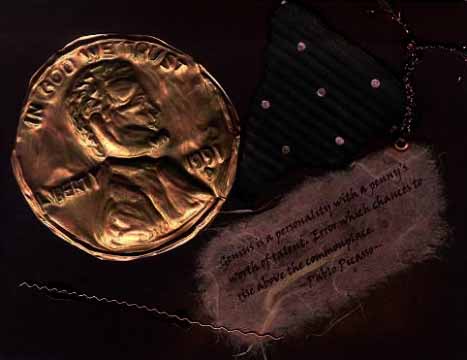 A collage featuring a larger than life penny made of embossed copper sheeting.