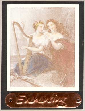 A photo art stamp colored with chalk graces the front of this card along with a copper tag.