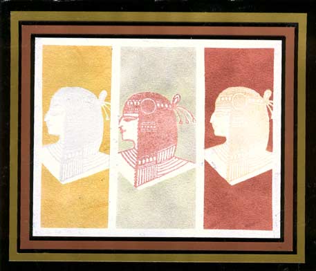An Eqyptian card stamping in Kristi's Warhol-inspired technique with metallic inks.