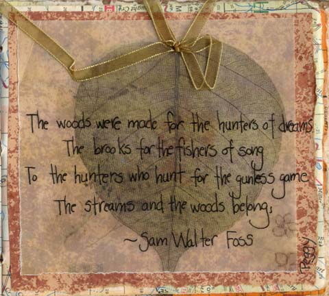 Peggy's page using a leaf, vellum, decorative paper, ribbon and text.