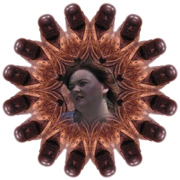 A digitally created mandala of a buddha and self-portrait taken by the artist's sister.
