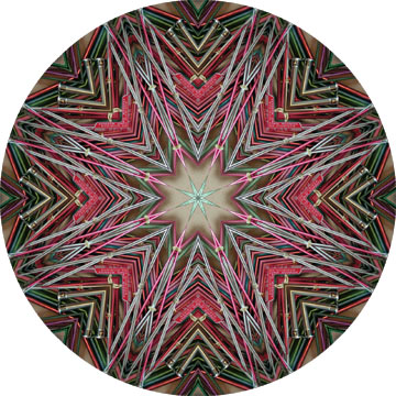 A colorful mandala made of knitting needles.