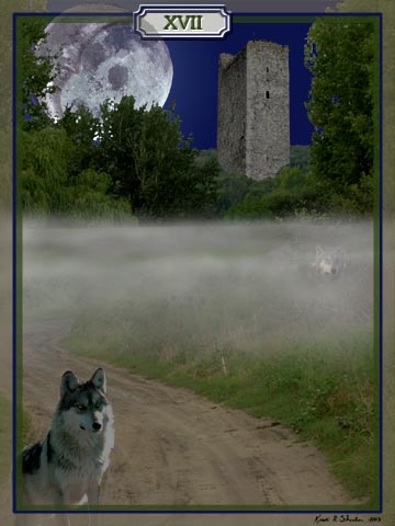 The 18th Major Arcana Tarot card, The Moon, featuring dark skies, wolves, fog and a path of exploration.