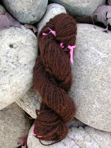 Handspun dark red alapca yarn.