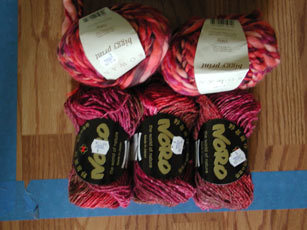 Two balls of Rowan Biggy Print and 3 skeins of Noro Silk Garden.