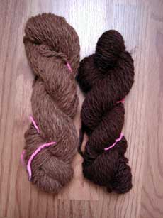 Red and dark red alapaca hand spun yarn pre-washing/blocking.