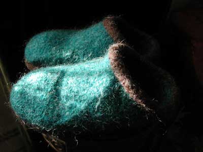Artsy shot of FT felted clog slippers.