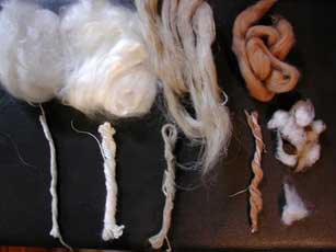 All the different fibers we spun in the final class in the raw and spun states.