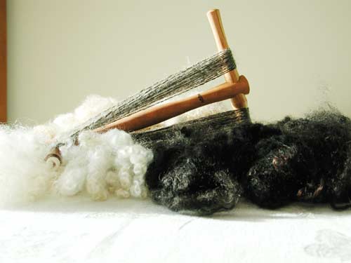 Wensleydale/Lincoln X on the niddy noddy amongst some Teeswater and Wensleydale fleece.