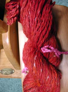 Fifth skein of handspun, spun from the EP Bountiful grab bag. It's 108 yds, 2-ply, DK Weight or so.