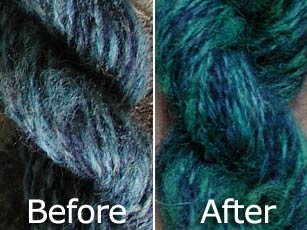 Before and after shots of kool-aid overdyed handpsun yarn.