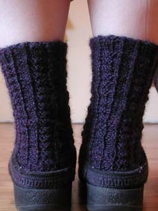 Completed Retro Rib worsted weight clog socks from the back.