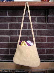 Sophie Bag from Mag Knits in it's post-fulling state blocking.