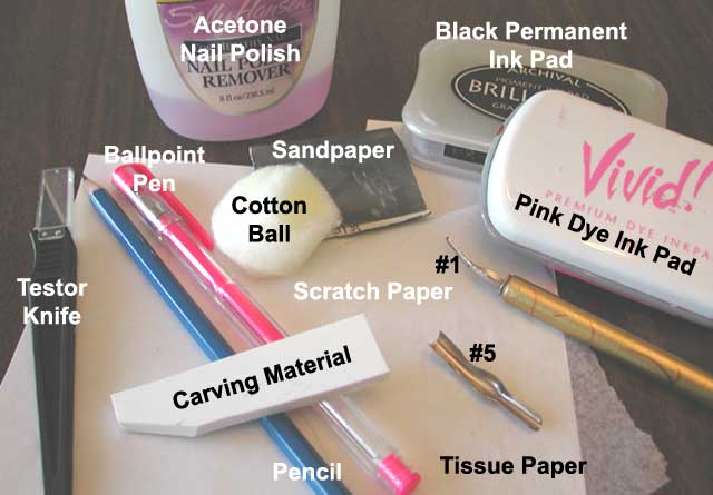 The supplies needed to carve your own rubber stamp.