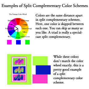 Examples of split complementary color schemes from the color wheel and from art.