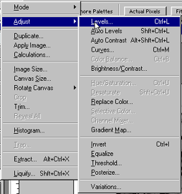 The menus to access the adjustment levels in Adobe Photoshop.