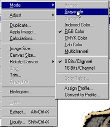 The menus for changing the mode of a file in Adobe Photoshop.